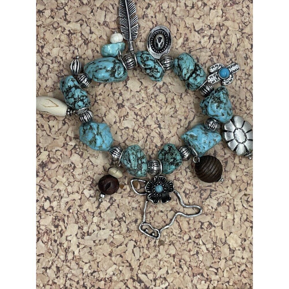 Turquoise Nugget Stretch Bracelet Feather Cactus Cow Western Bead Wood Flower - Picture 4 of 15